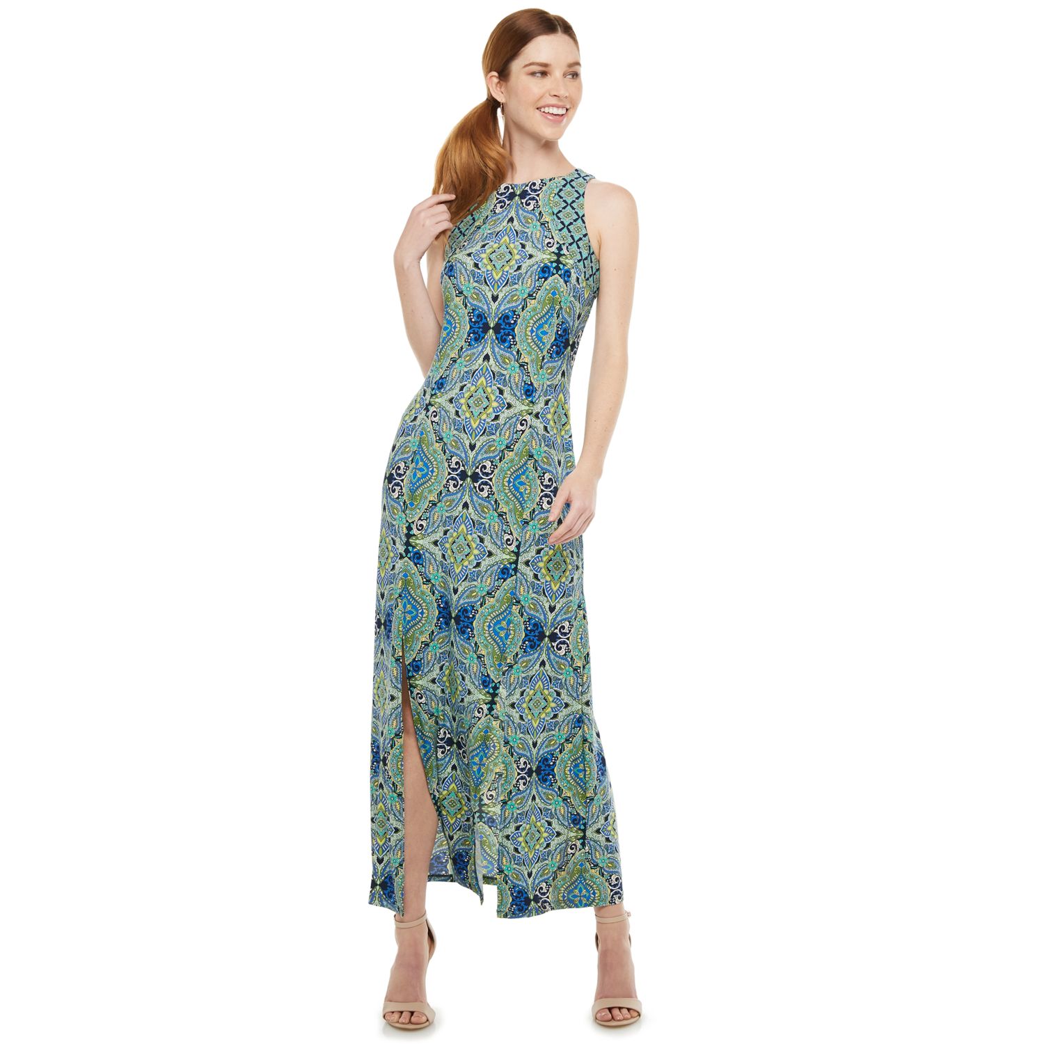 Tile Print Side-Slit Maxi Dress